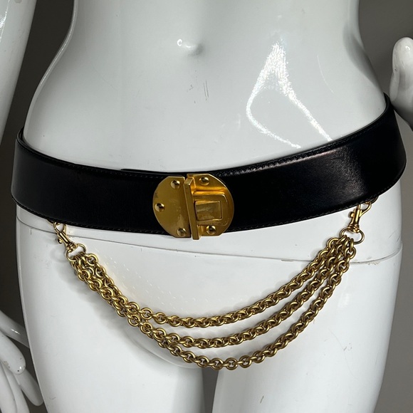 Donna Karan New York 1990’s Black & Gold 34” Adjustable Waist Belt w Chain - Picture 2 of 9